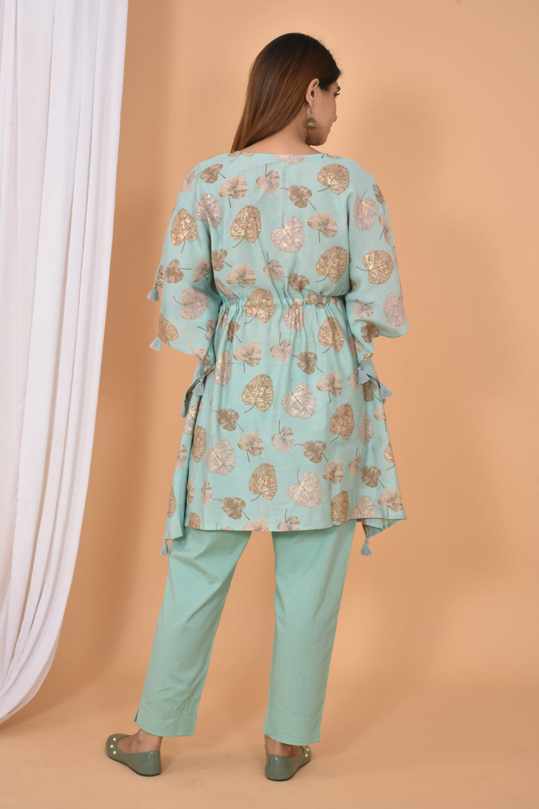 Green Mirror Printed Short Kaftan Pant Set