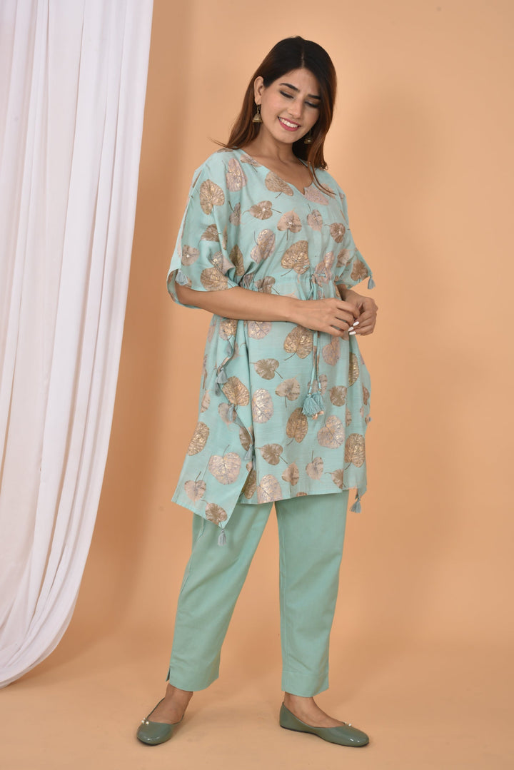 Green Mirror Printed Short Kaftan Pant Set