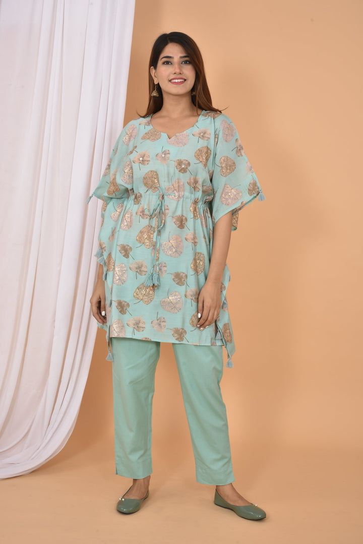 Green Mirror Printed Short Kaftan Pant Set