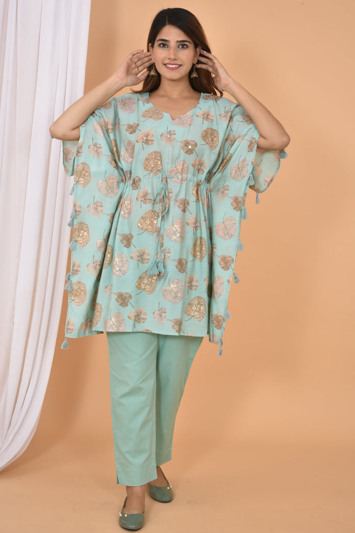 Green Mirror Printed Short Kaftan Pant Set