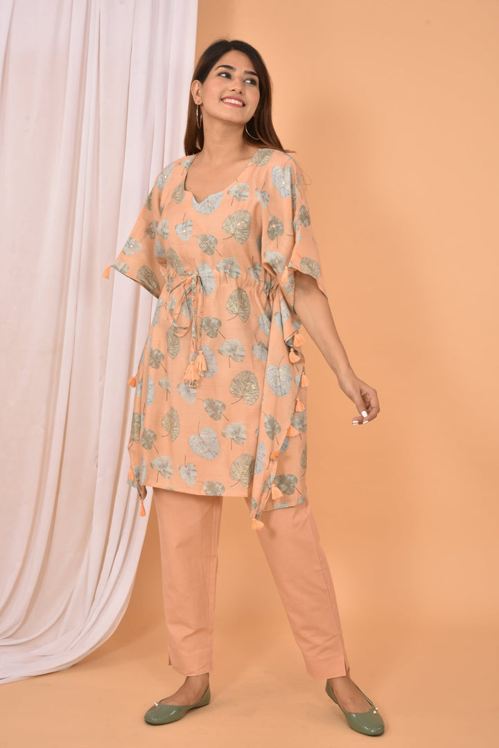 Peach Mirror Printed Short Kaftan Pant Set