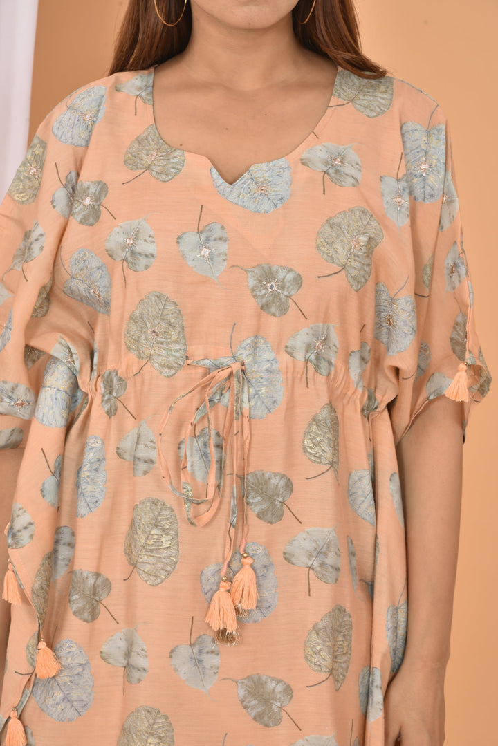Peach Mirror Printed Short Kaftan Pant Set