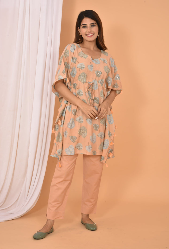 Peach Mirror Printed Short Kaftan Pant Set