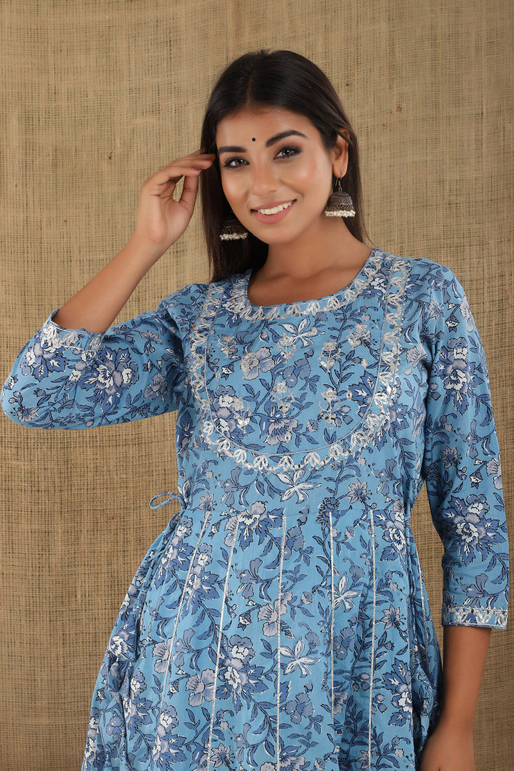 Blue Embroidered Cotton Ethnic Gown – Sarapass Style