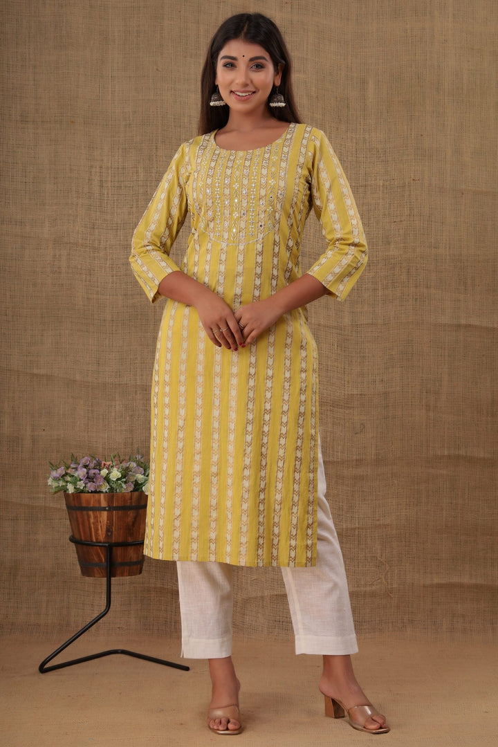 Yellow Mirror Embroidery Cotton Kurta