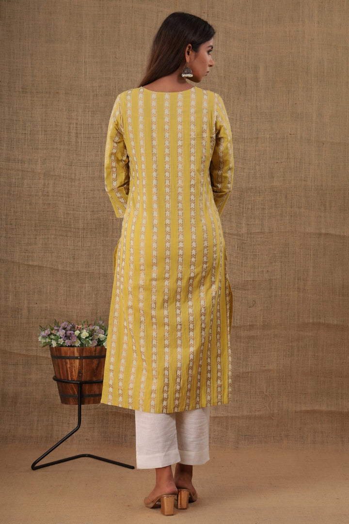Yellow Mirror Embroidery Cotton Kurta