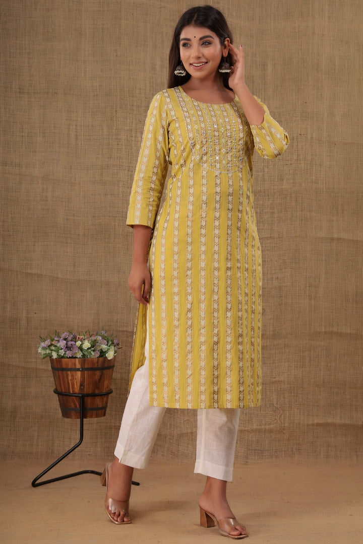 Yellow Mirror Embroidery Cotton Kurta