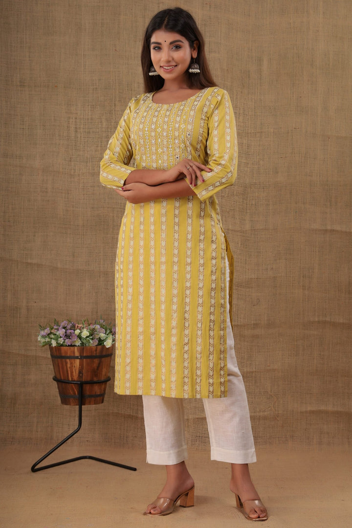 Yellow Mirror Embroidery Cotton Kurta