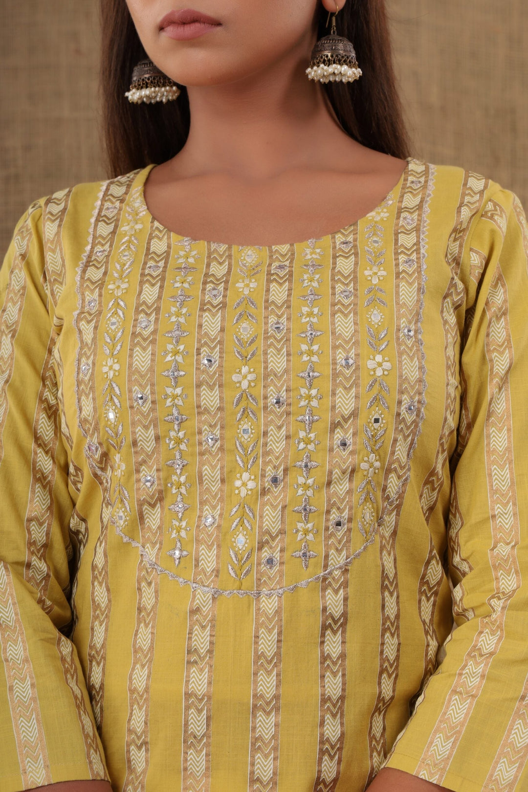 Yellow Mirror Embroidery Cotton Kurta