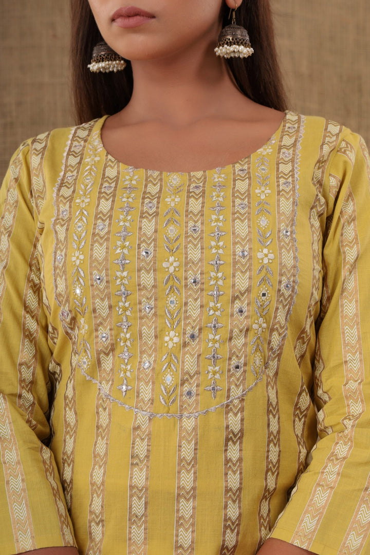 Yellow Mirror Embroidery Cotton Kurta