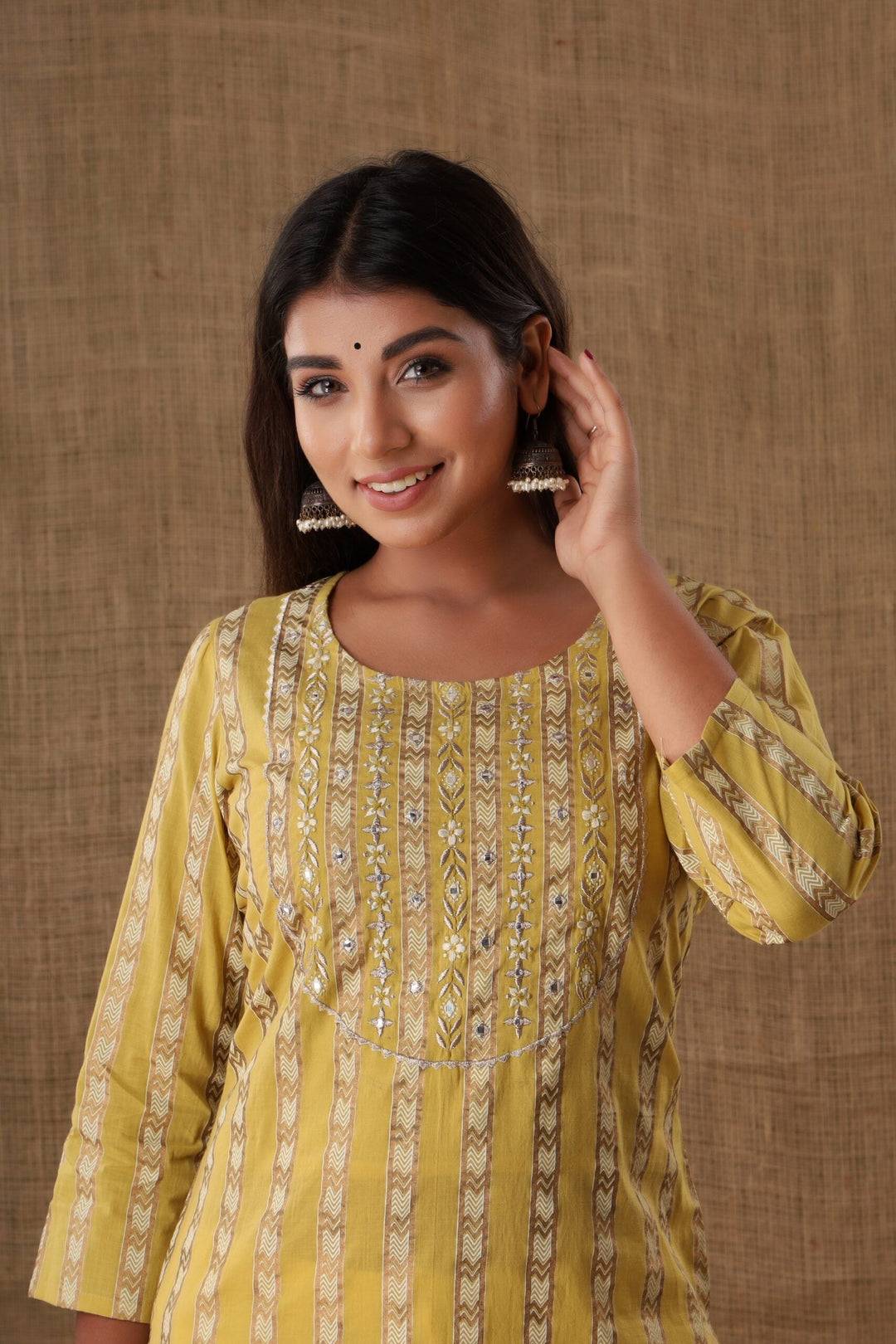Yellow Mirror Embroidery Cotton Kurta