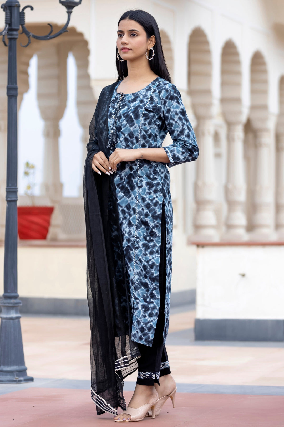 Black Tie Dye Print Cotton Suit Set