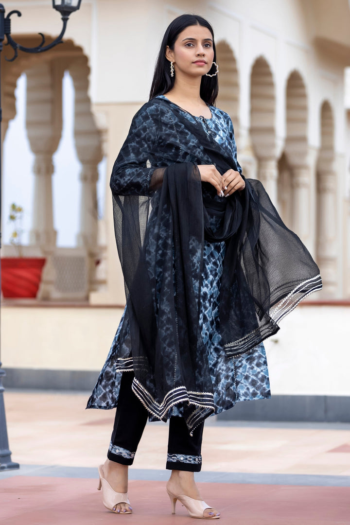 Black Tie Dye Print Cotton Suit Set