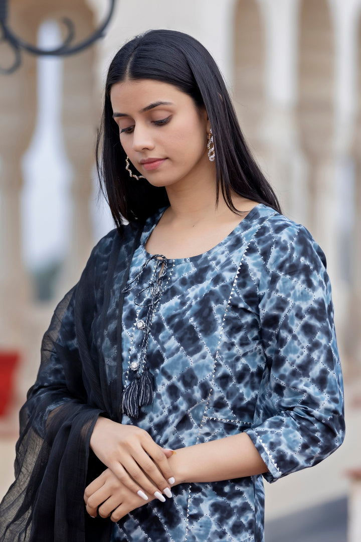 Black Tie Dye Print Cotton Suit Set