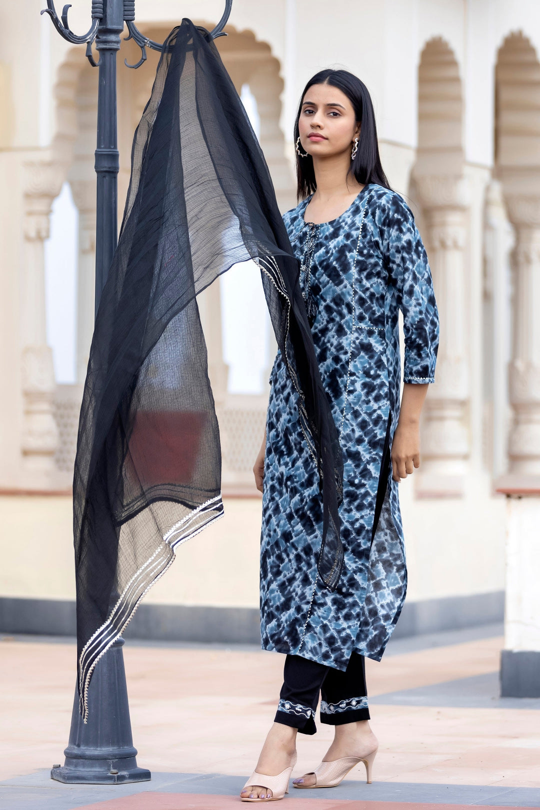 Black Tie Dye Print Cotton Suit Set