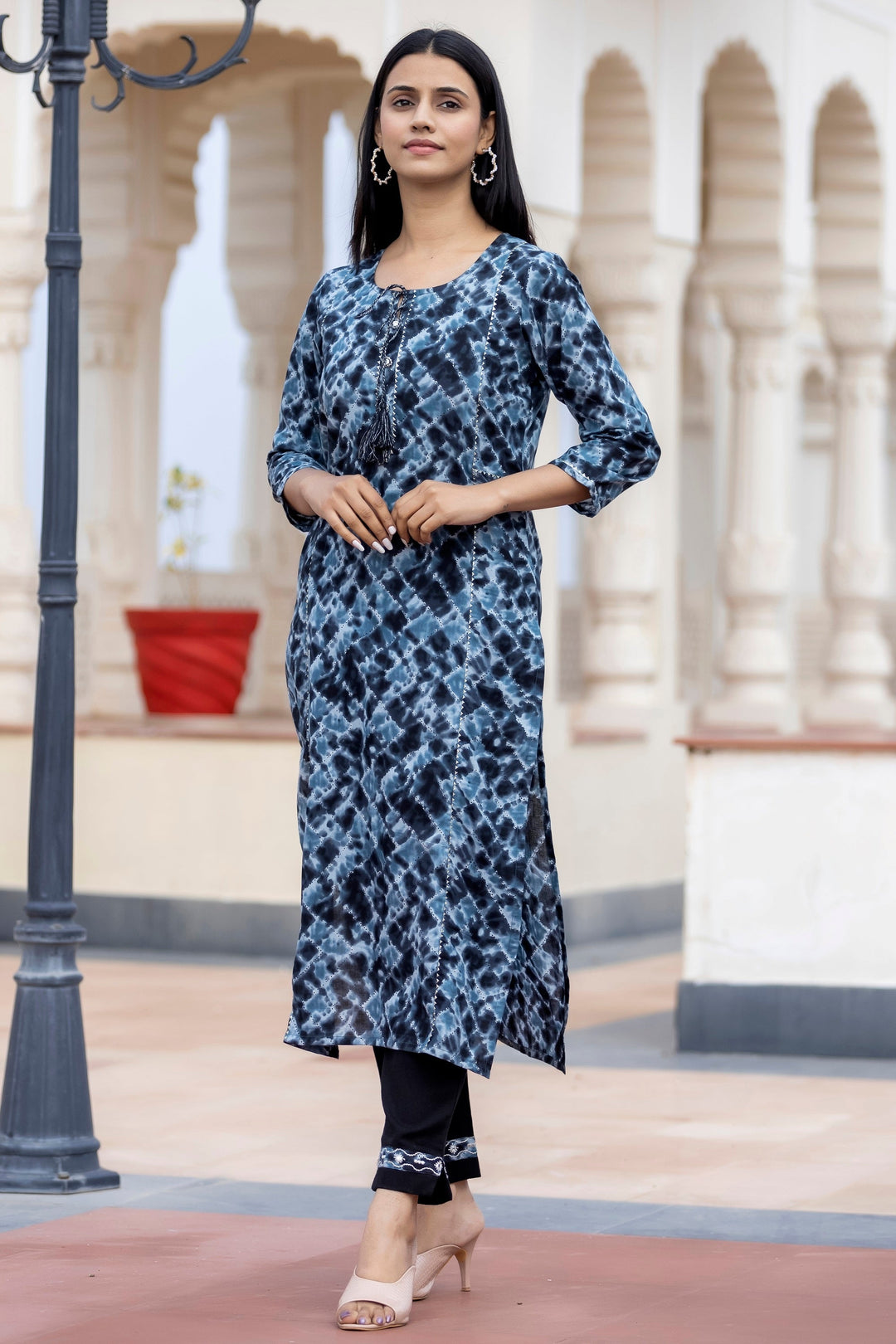Black Tie Dye Print Cotton Suit Set
