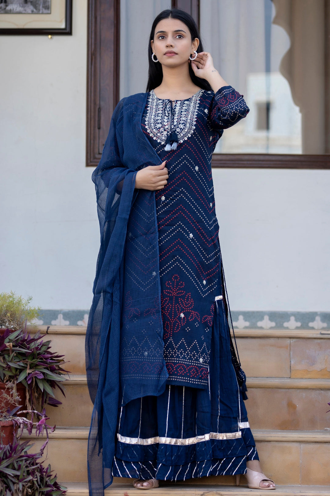 Navy Blue Embroidered Cotton Kurta Sharara Set With Dupatta