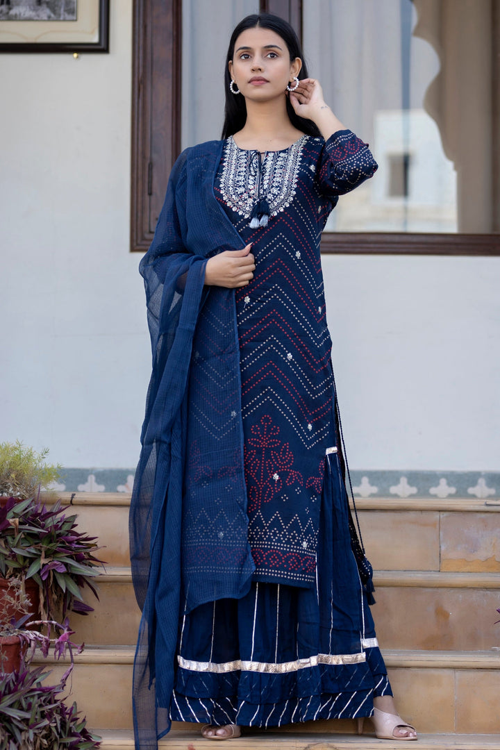 Navy Blue Embroidered Cotton Kurta Sharara Set With Dupatta