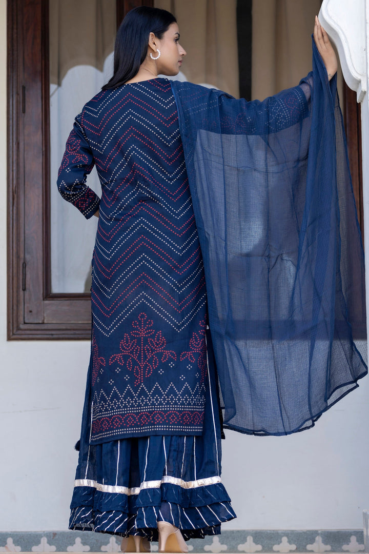 Navy Blue Embroidered Cotton Kurta Sharara Set With Dupatta