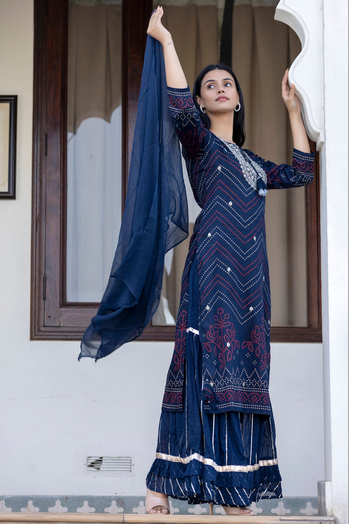 Navy Blue Embroidered Cotton Kurta Sharara Set With Dupatta