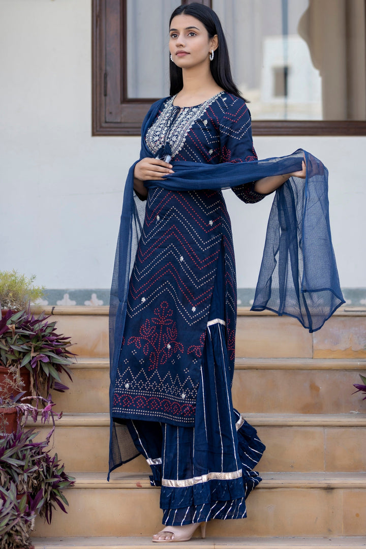 Navy Blue Embroidered Cotton Kurta Sharara Set With Dupatta
