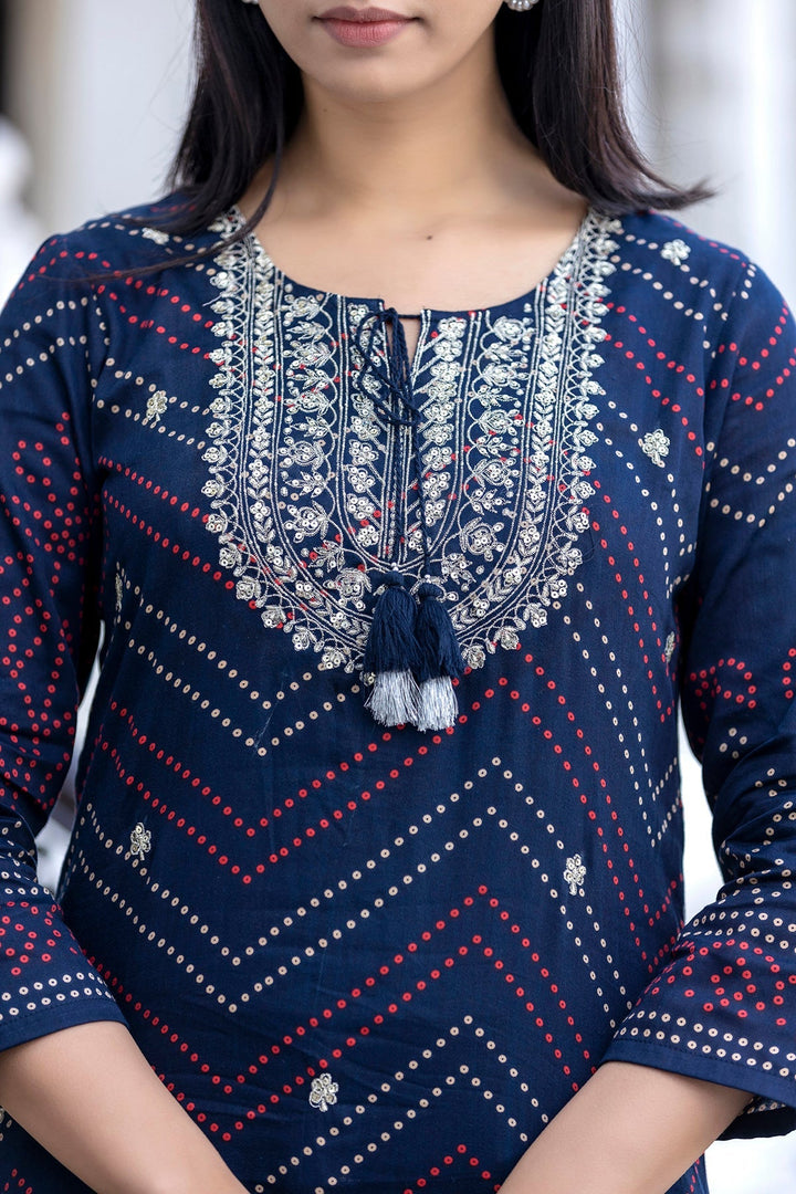 Navy Blue Embroidered Cotton Kurta Sharara Set With Dupatta