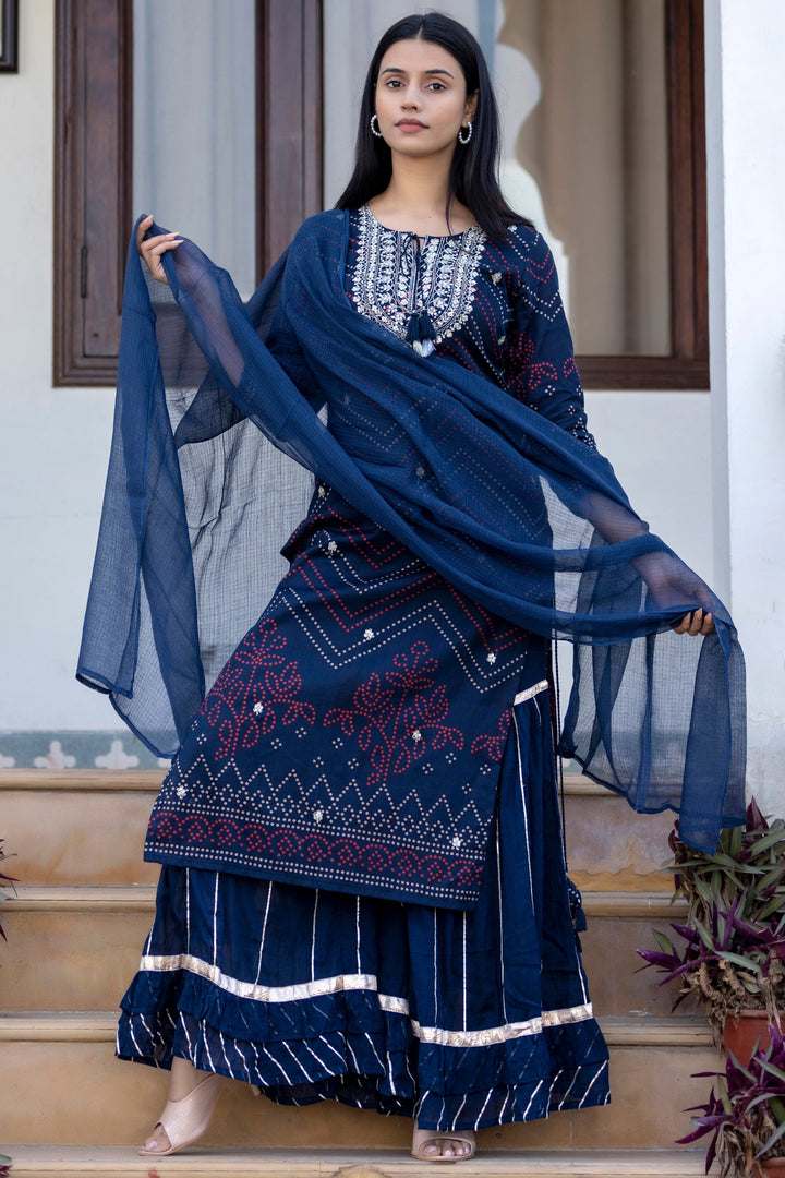 Navy Blue Embroidered Cotton Kurta Sharara Set With Dupatta