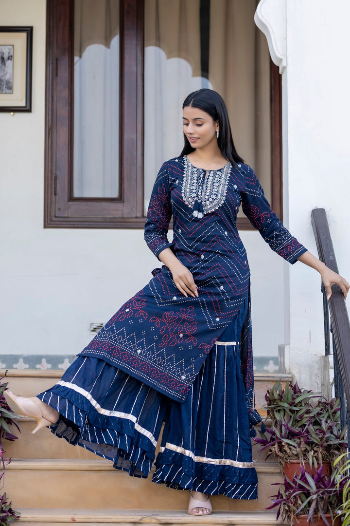 Navy Blue Embroidered Cotton Kurta Sharara Set With Dupatta
