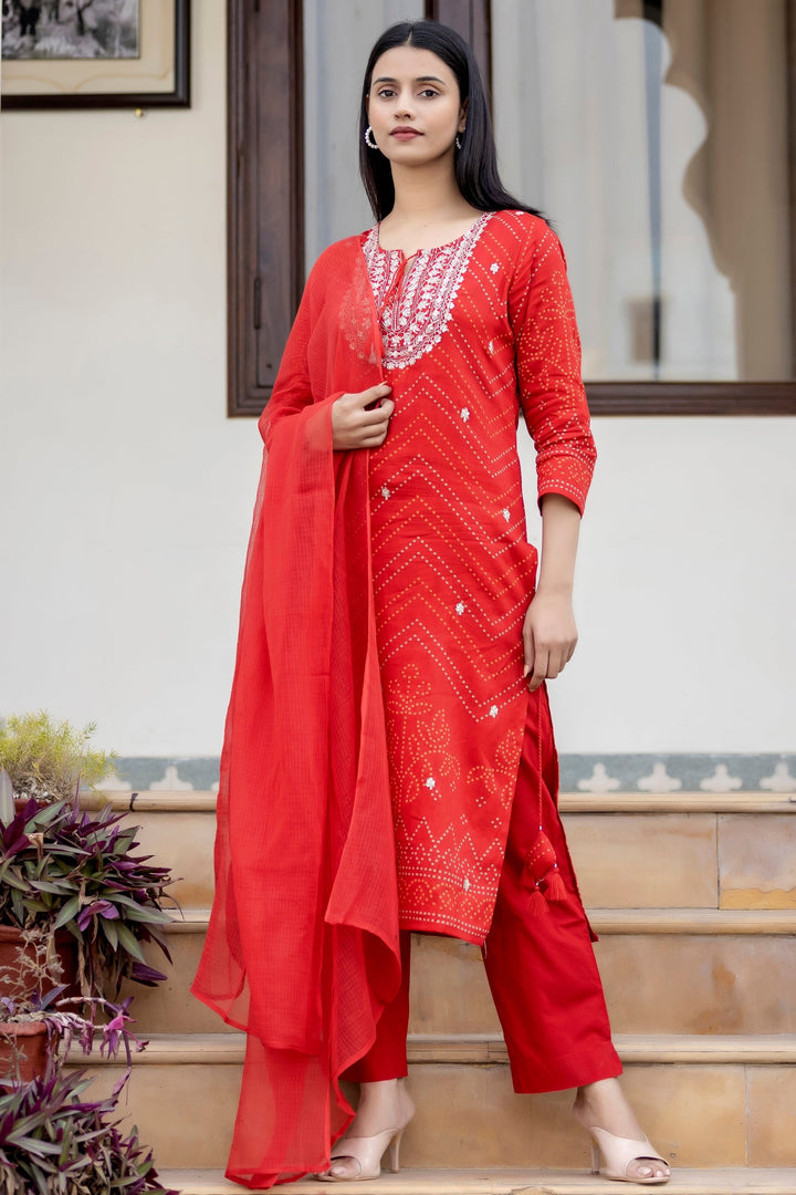 Red Embroidered Cotton Kurta Pant Set With Dupatta