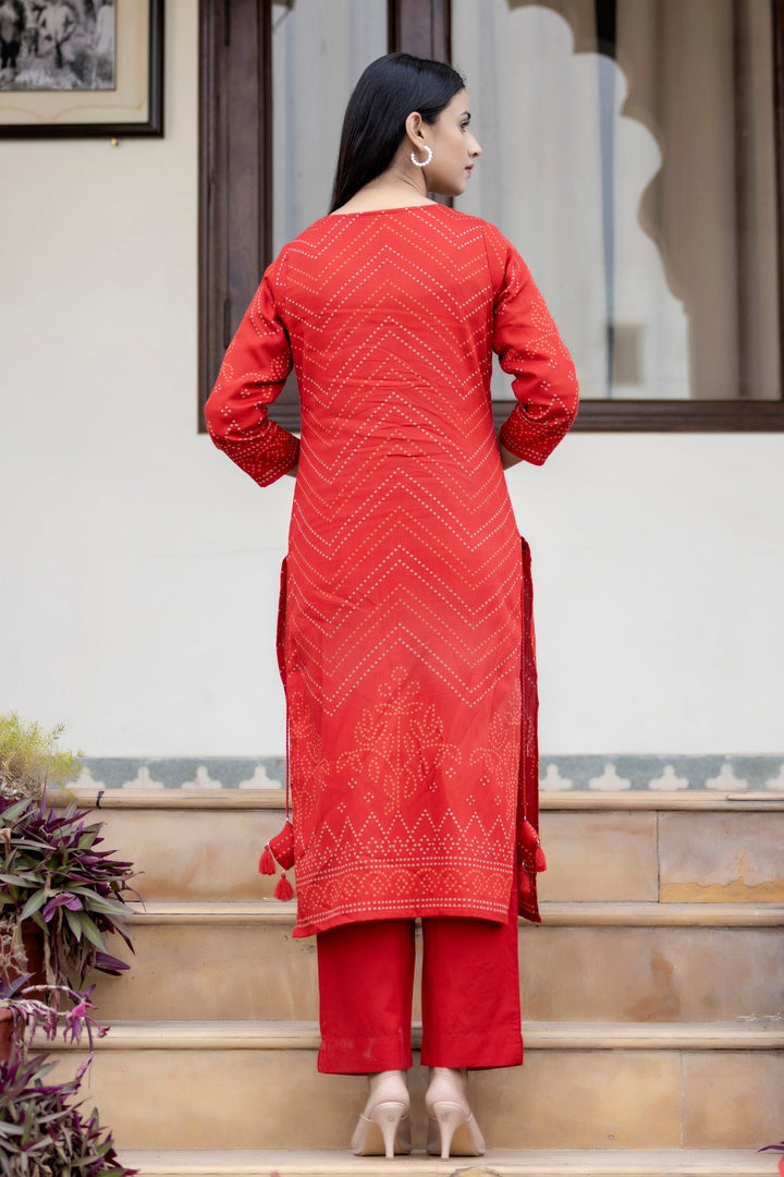 Red Embroidered Cotton Kurta Pant Set With Dupatta