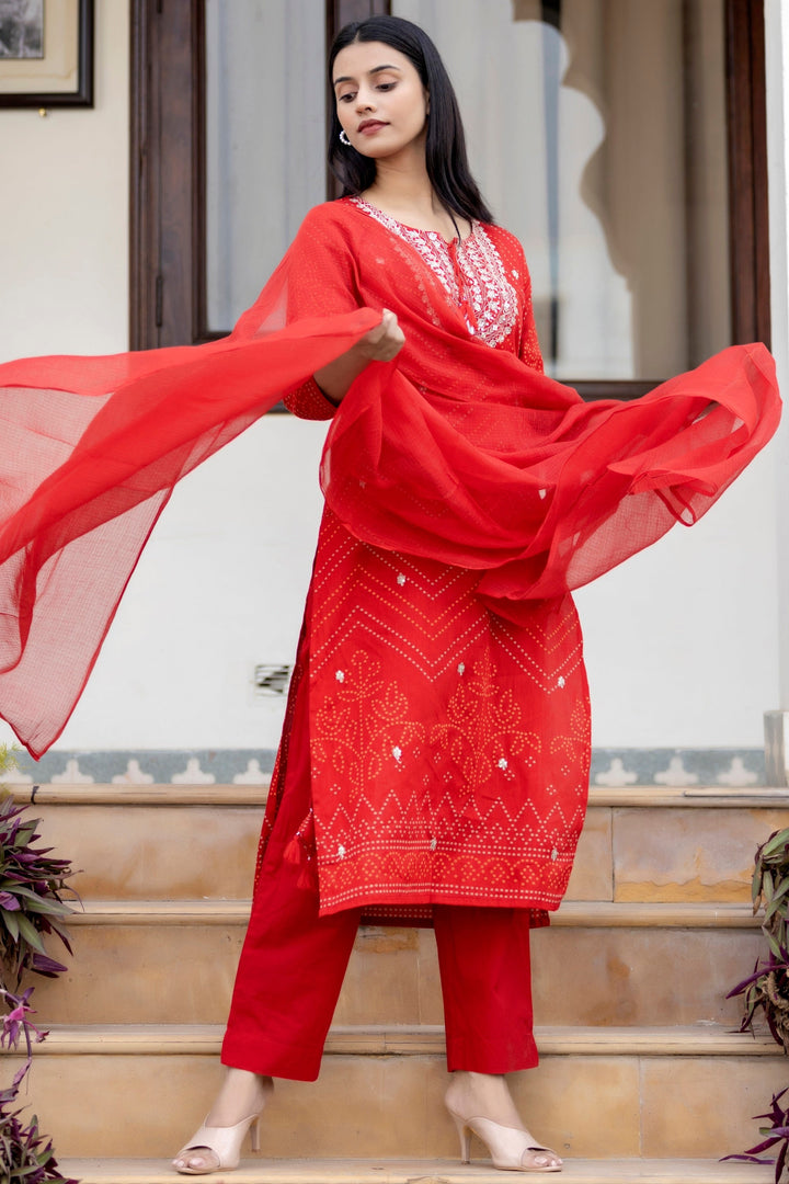 Red Embroidered Cotton Kurta Pant Set With Dupatta