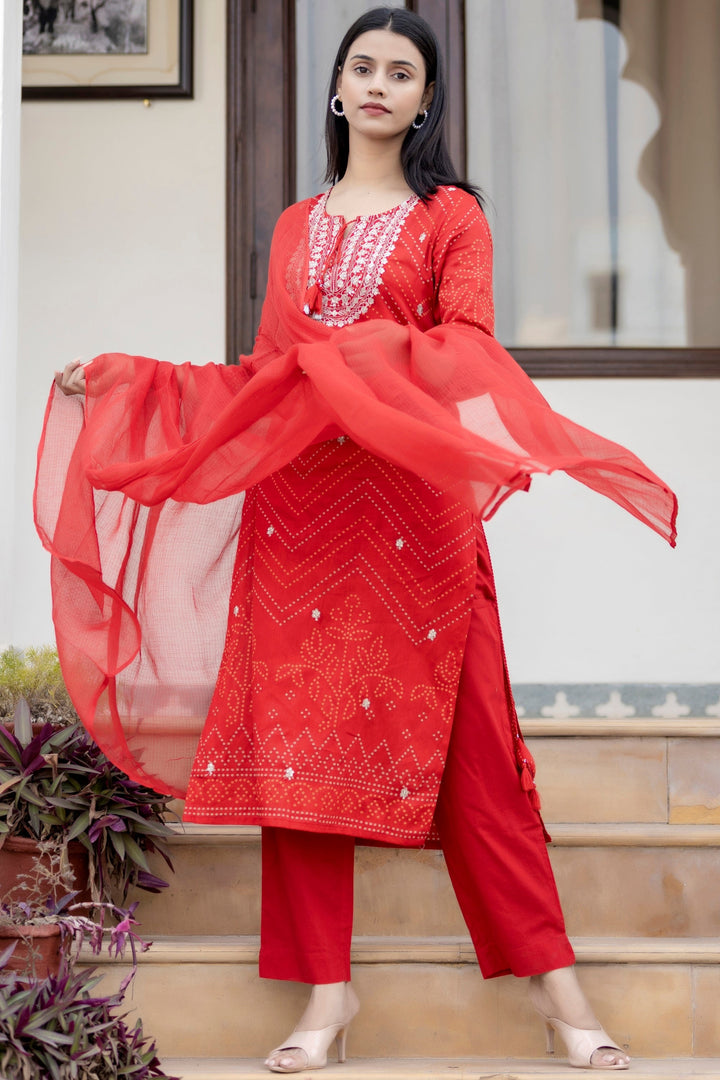 Red Embroidered Cotton Kurta Pant Set With Dupatta