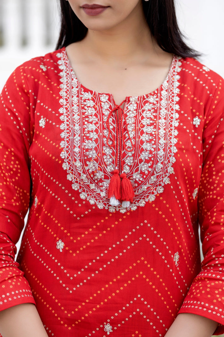 Red Embroidered Cotton Kurta Pant Set With Dupatta