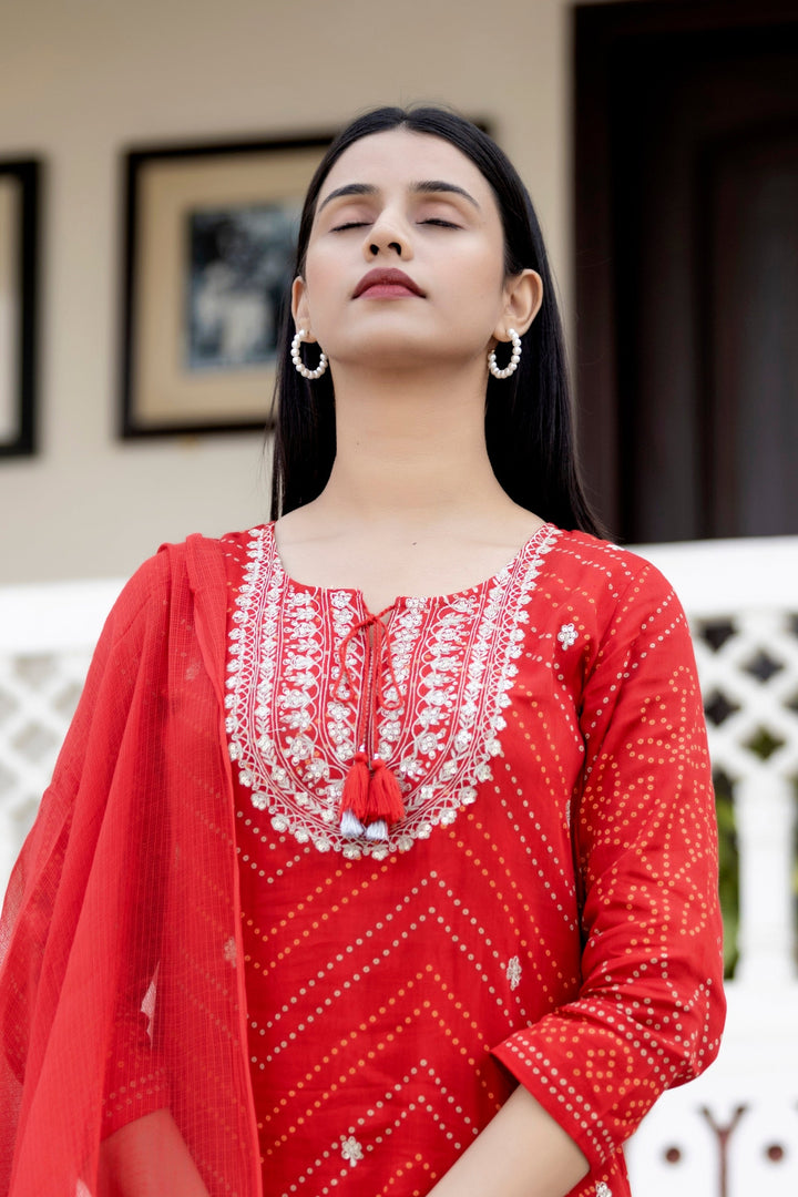 Red Embroidered Cotton Kurta Pant Set With Dupatta