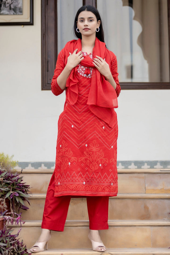 Red Embroidered Cotton Kurta Pant Set With Dupatta