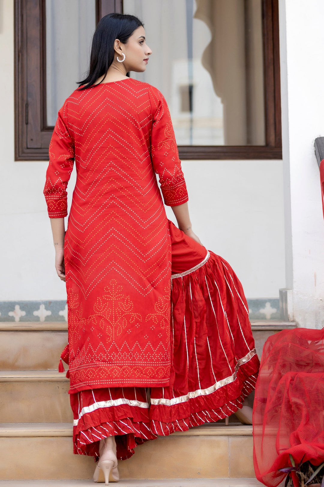 Red Embroidered Cotton Kurta Sharara Set With Dupatta