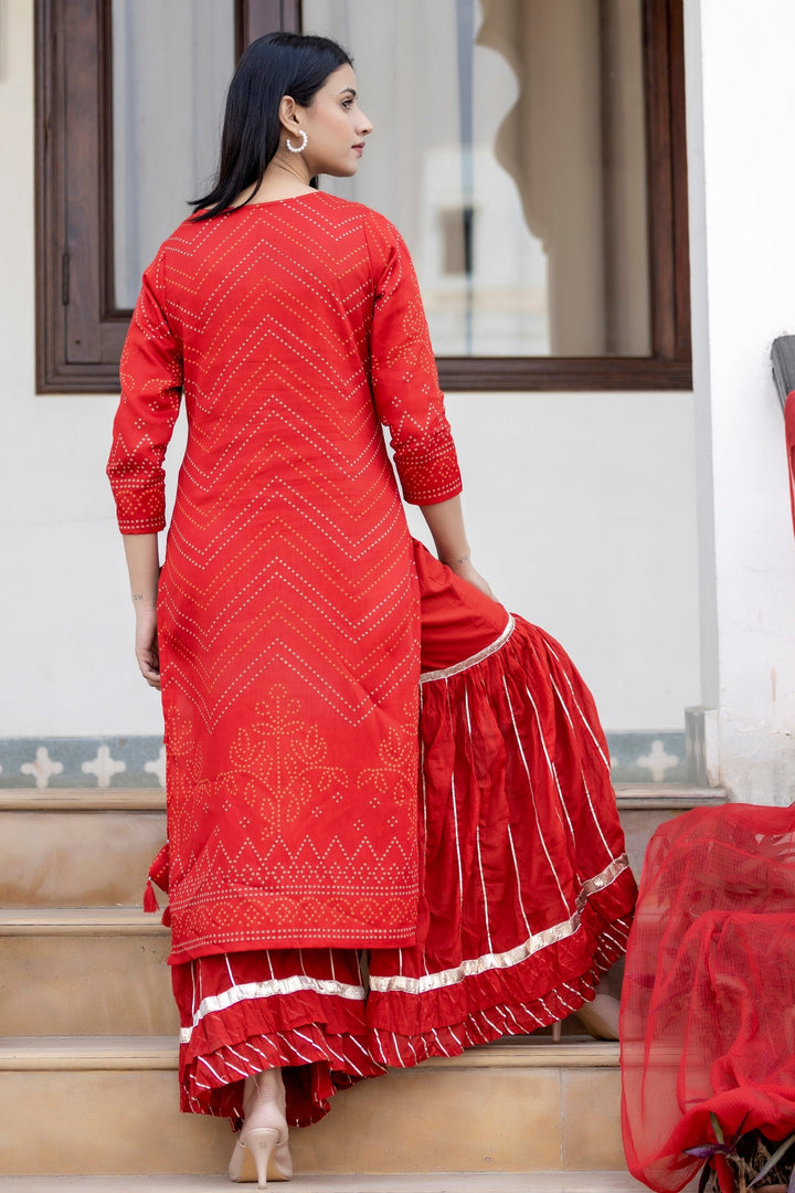 Red Embroidered Cotton Kurta Sharara Set With Dupatta