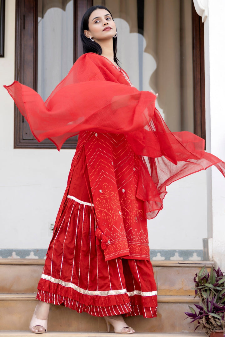 Red Embroidered Cotton Kurta Sharara Set With Dupatta