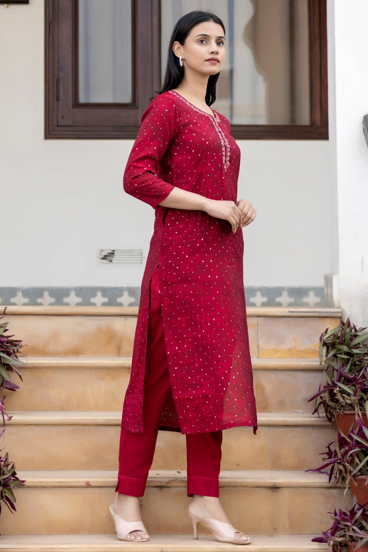 Maroon Gold Printed Modal Silk Kurta Pant Set