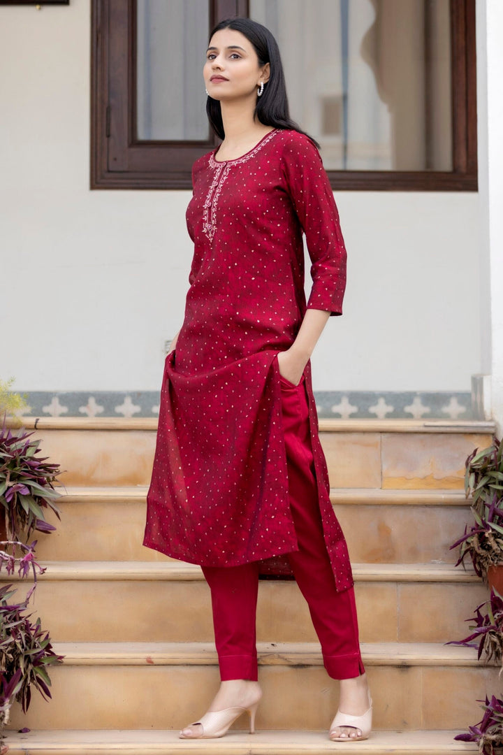 Maroon Gold Printed Modal Silk Kurta Pant Set