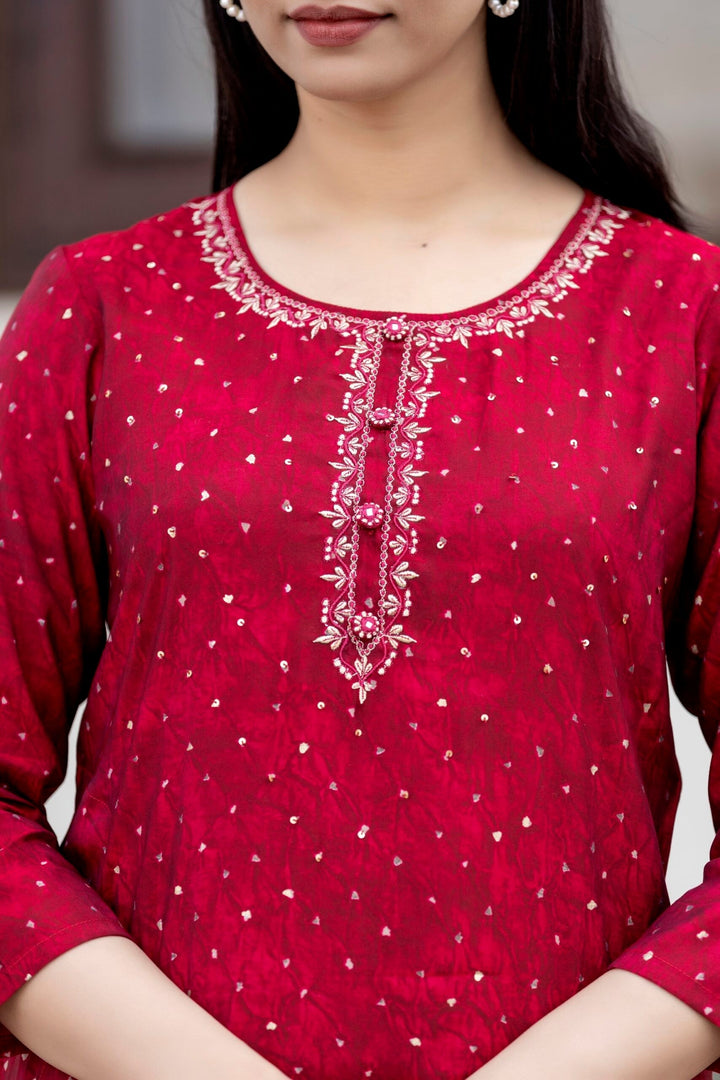 Maroon Gold Printed Modal Silk Kurta Pant Set