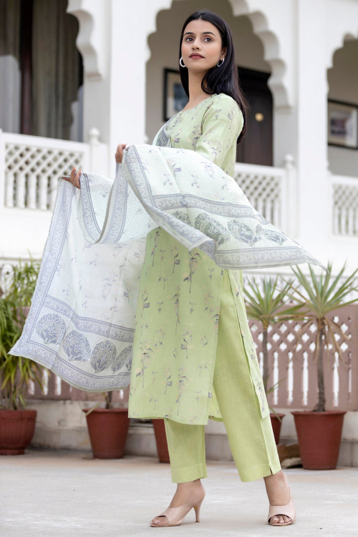 Green Floral Printed Modal Silk Kurta Pant And Dupatta Set