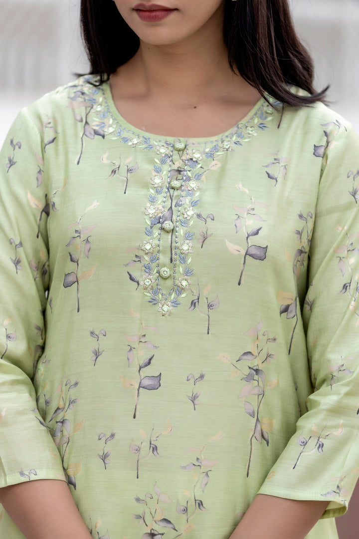 Green Floral Printed Modal Silk Kurta Pant And Dupatta Set