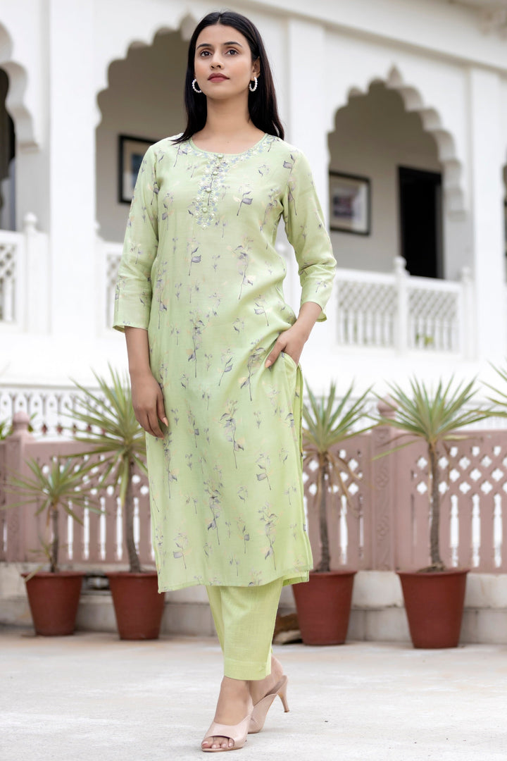 Green Floral Printed Modal Silk Kurta Pant And Dupatta Set