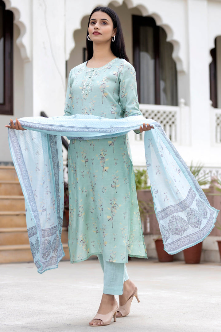 Sky Floral Printed Modal Silk Kurta Pant And Dupatta Set