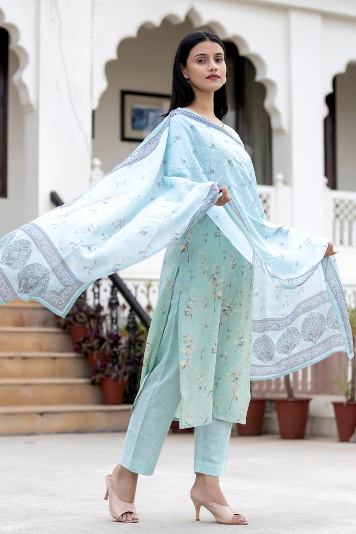 Sky Floral Printed Modal Silk Kurta Pant And Dupatta Set