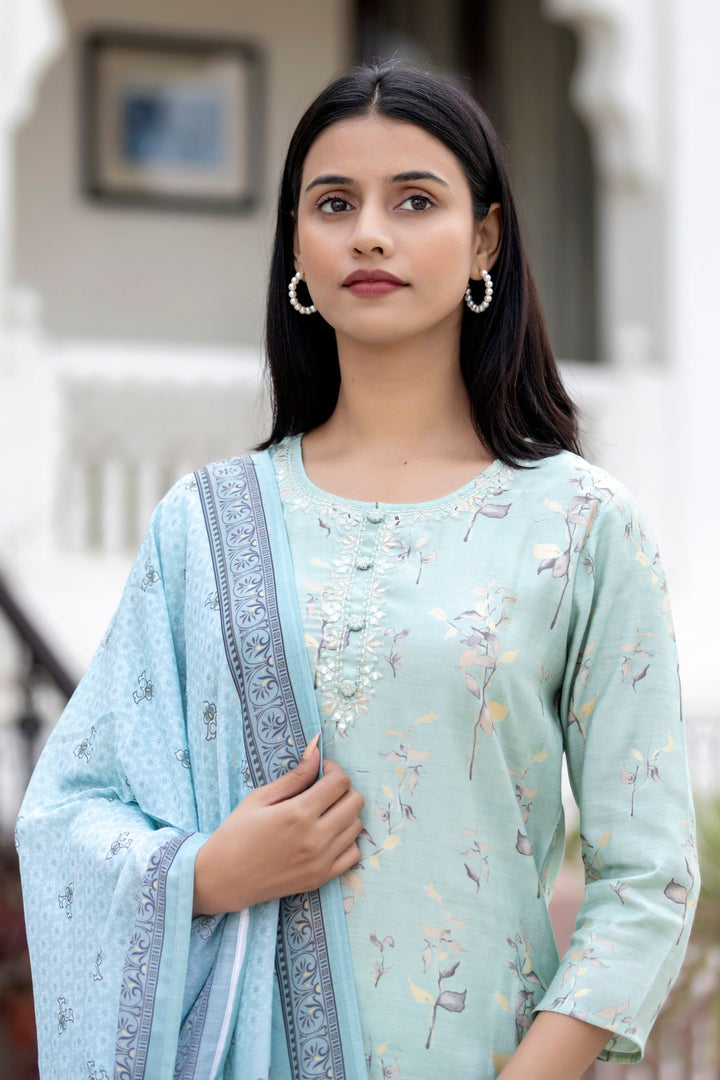 Sky Floral Printed Modal Silk Kurta Pant And Dupatta Set
