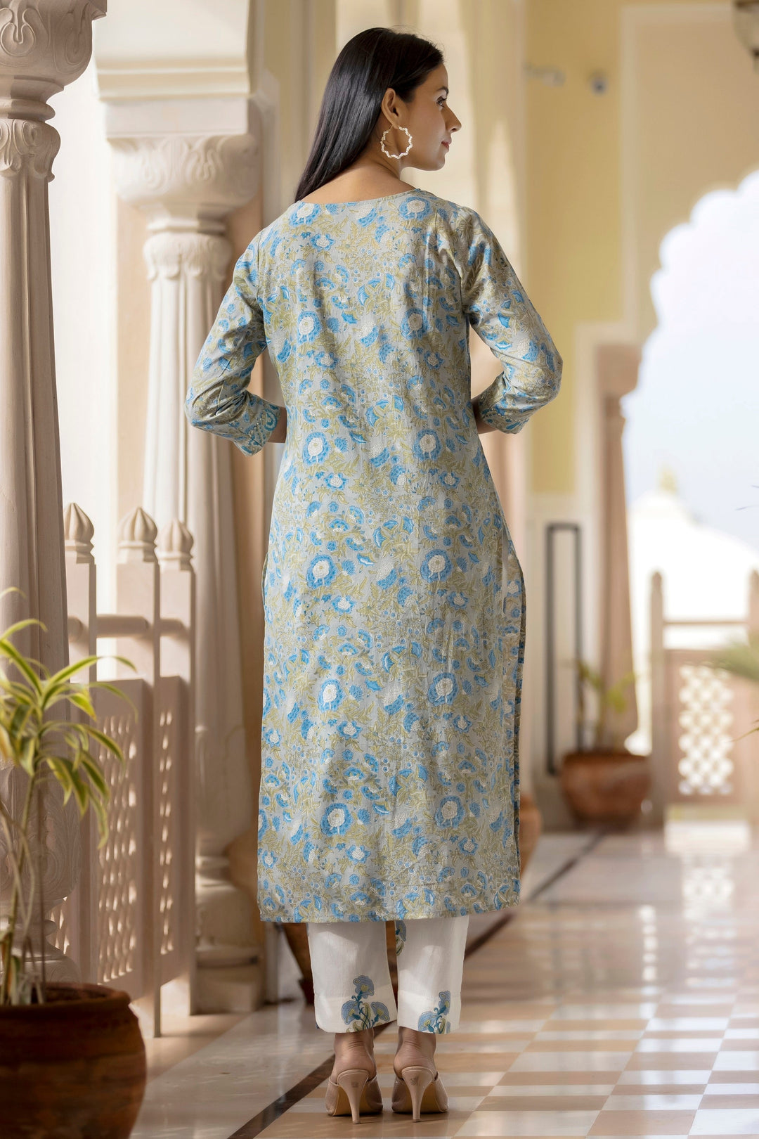 Gray Handblock Printed Cotton Suit Set 