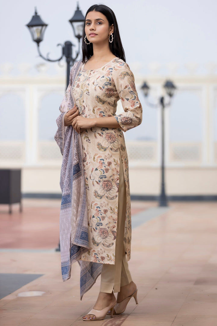 Cream Floral Printed Modal Silk Suit Set