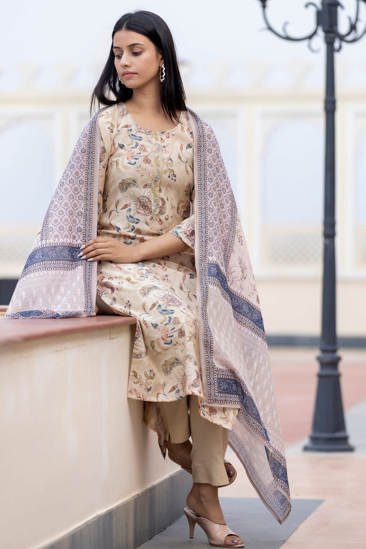 Cream Floral Printed Modal Silk Suit Set